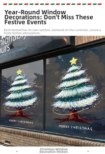 White Christmas tree window sticker with Merry Christmas text on store glass surface