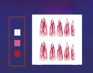 Macro detail of red flame marble pattern on long stiletto press-on nails set of 10