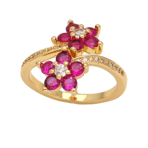 Adjustable gold flower ring featuring red and white zircon stones in a bypass design