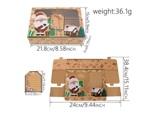 Detail of kraft paper Christmas cookie box with window and dimensions including hemp rope tag