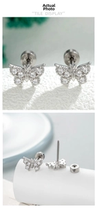 Detail of butterfly stud earring with micro-paved zircons and screw back closure