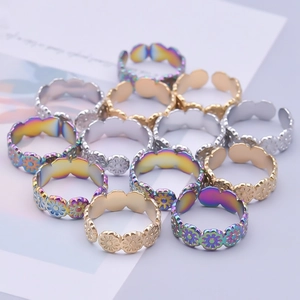 Adjustable 304 stainless steel open rings with hollow daisy patterns in gold silver rainbow