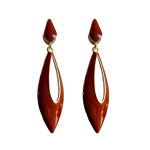Vintage gold-framed dark red enamel teardrop earrings with elegant hollow drop design