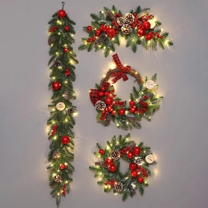 Artificial Christmas Wreath Garland Pine Cones Red Balls Ribbon LED Lights Holiday Hanging Decoration For Front Door Wall