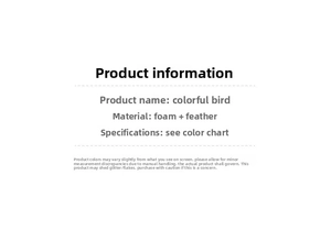 Specifications chart for foam and feather bird ornaments detailing material and color variations