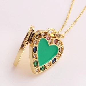 Locket necklace with heart-shaped green enamel and colorful zirconia on gold chain