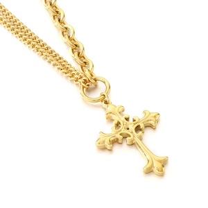 Minimalist stainless steel double layered necklace with gold cross pendant and OT toggle clasp