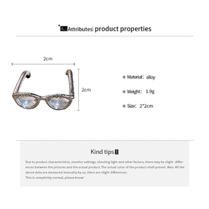 Detailed specs of alloy cat-eye glasses ring showing 2x2cm size and 1.9g weight