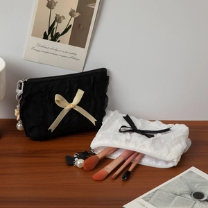 Cute lace bow cosmetic bag set in black and white with pearl pendant and large capacity