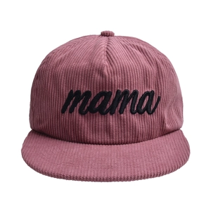Detail of mama embroidery on dark purple corduroy baseball cap with fine fabric texture