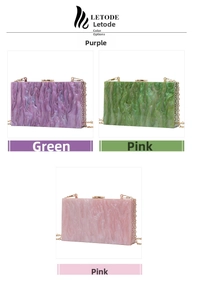 Detailed view of acrylic evening bags with marble texture in purple, green, and pink colors
