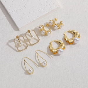 Elegant 14K gold plated geometric pearl earring set for women in minimalist style