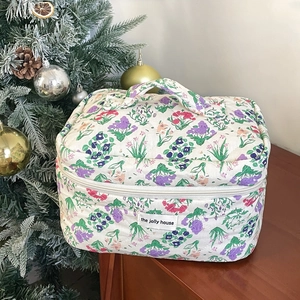 Close-up of a floral quilted makeup bag with handle on a wooden surface with a Christmas tree