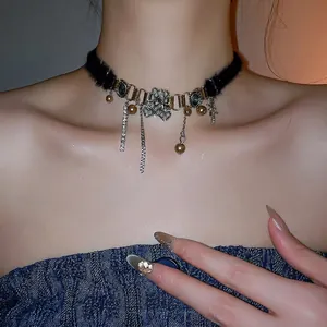 Star tassel plush choker with rhinestone teddy bear and pearl pendant for women