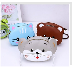 Detailed view of cartoon animal PU leather kids crossbody bags with woven shoulder straps