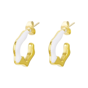 Modern gold C-shape wave earrings with white enamel inlay for women minimalist jewelry