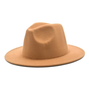 Detailed view of the structured crown and smooth brim of the caramel wool fedora hat