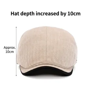 Men's herringbone flat cap in beige and black with 10cm deep crown and visor detail