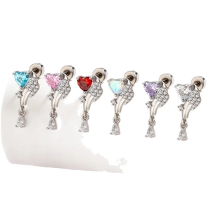 Titanium steel heart-shaped cartilage studs with zircon drops in six vivid colors