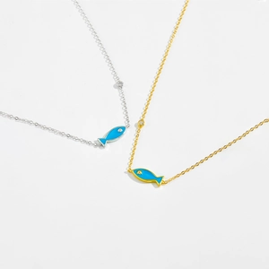 Elegant s925 silver fish pendant necklaces in gold and silver with blue enamel design