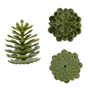Green artificial pine cone plastic decoration with layered structure shown from multiple angles