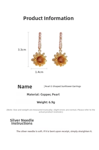 Close-up of pearl C-shaped sunflower earrings with copper base and silver needle pins