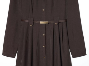 Detail of dark brown midi dress featuring gold metal buckle belt and front buttons