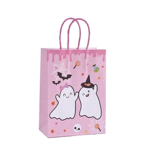 Cute pink Halloween ghost kraft paper gift bag with handles and spooky festive patterns