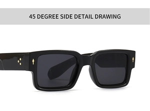 Detailed macro view of 45-degree angle black square sunglasses with gold rivet accents