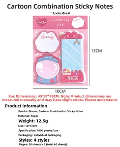 Detailed view of cartoon sticky notes in cloud and toy machine shapes with product dimensions