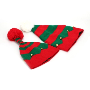 Christmas Elf Knit Hat Acrylic Striped Red Green White Pattern With Pom Pom And Golden Bells Festive Winter Warm Beanie