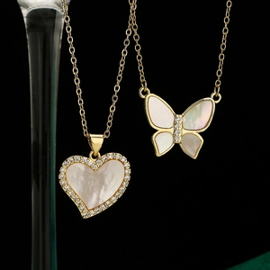 18K gold plated copper necklaces featuring shell heart and butterfly zircon pendants