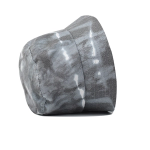 Close-up of tie-dye bucket hat showing grey and white cotton canvas texture and stitching