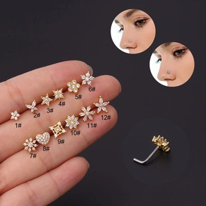 L-Shaped Nose Studs Stainless Steel Copper Cubic Zirconia Body Piercing Jewelry Flower Heart Star Styles For Women