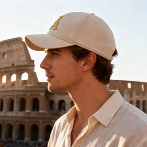 Fashionable beige cotton baseball cap with gold embroidered A letter for men outdoors