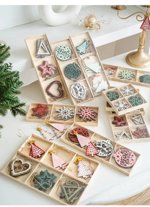 Close-up of wooden Christmas ornaments set in a rustic tray with merry xmas patterns