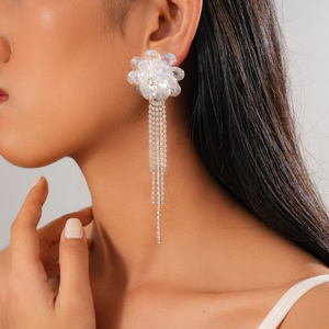 Elegant long fringe crystal flower earrings with rhinestones for a minimalist aesthetic