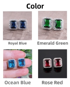 Rectangle emerald and sapphire studs with white zircon halo in four color options