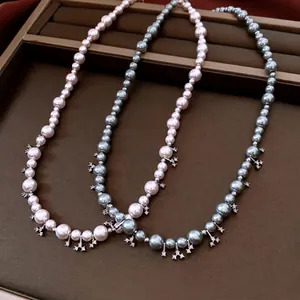 Elegant Graduated Artificial Pearl Beaded Necklace Featuring Micro Inlaid Zircon Star Charms Adjustable French Style For Women