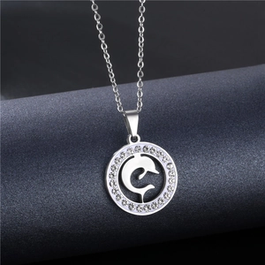 Silver dolphin necklace with sparkling rhinestones in a circular frame, high quality finish