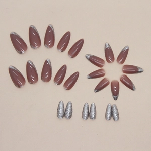 Elegant almond shaped French press-on nails with mauve base and silver glitter tips 24pcs set