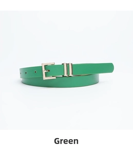 Close-up of green leather belt featuring a classic gold rectangular buckle and metal loops