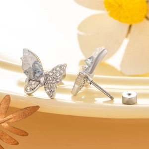 Silver butterfly earrings with clear crystal zirconia and secure screw back closure