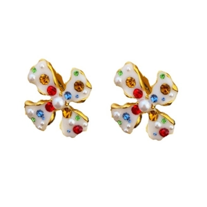 Vintage gold-tone flower earrings with pearls and colorful gemstones on white background