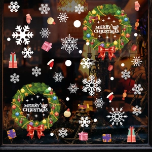 Christmas wreath static window clings with snowflakes and Merry Christmas holiday decals