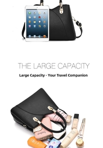 Sac à main noir en cuir grainé montrant une grande capacité pour tablette et objets quotidiens