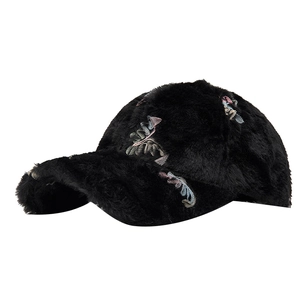 Winter plush baseball cap in black with floral embroidery and warm fleece material
