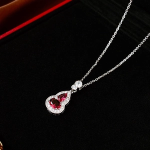 Macro shot of silver gourd necklace with red stone and zircon in a jewelry box