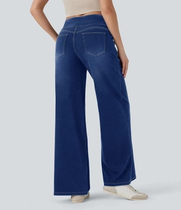 Detaillierte Rückansicht der hoch taillierten weiten Jeans mit funktionellen Gesäßtaschen