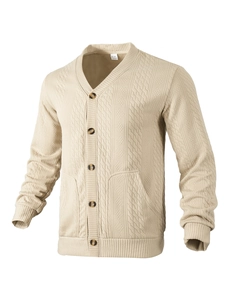 Men's beige slim fit jacquard knit cardigan with V-neck and amber buttons, size M